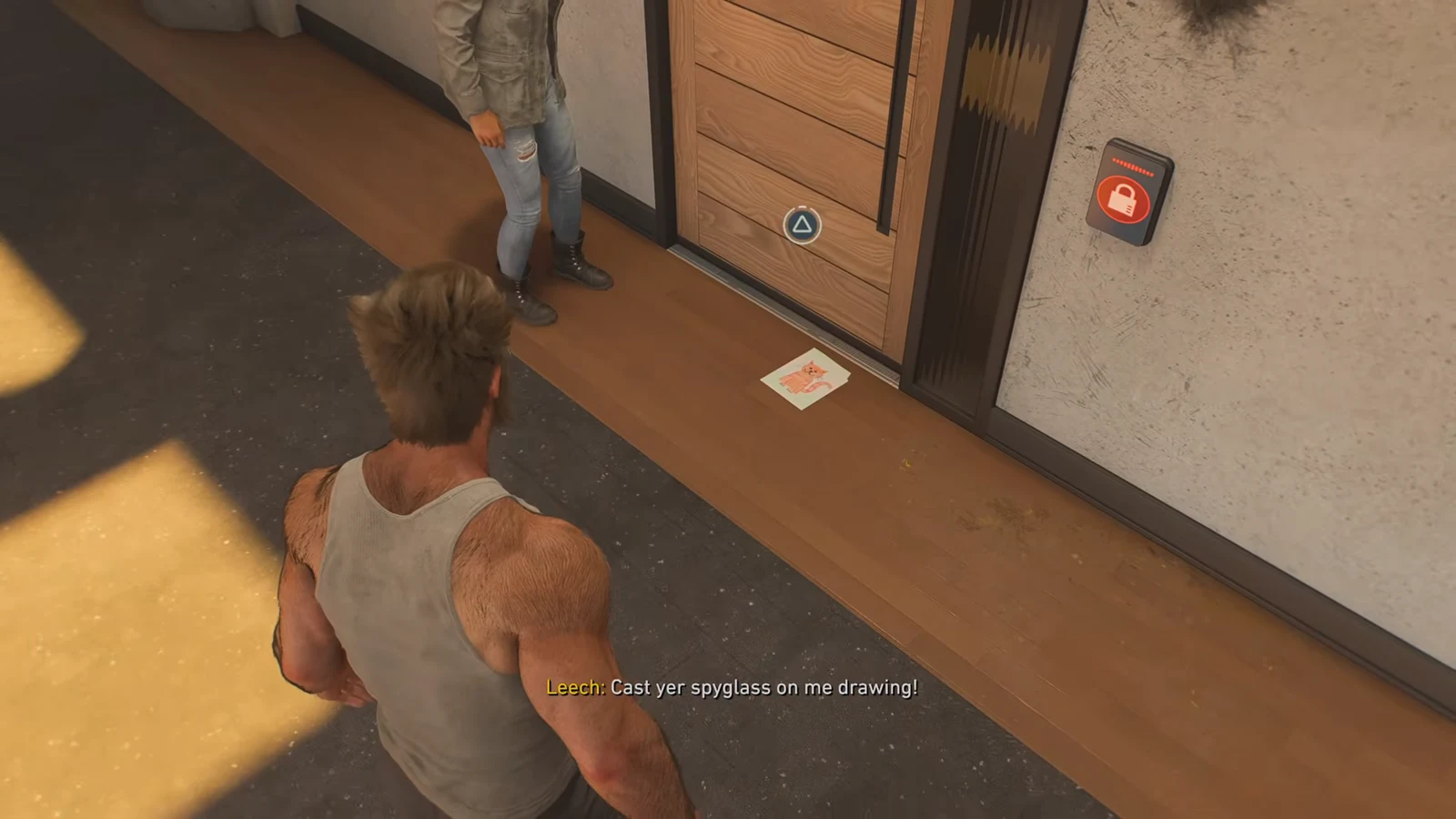 Leech's locked bedroom door with a triangle prompt and the first drawing on the floor beside it