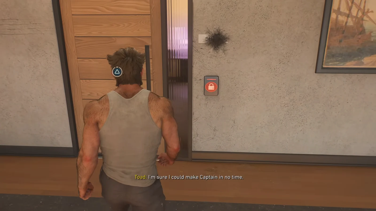 Logan facing Leech's wooden door with the Triangle prompt beside a red locked keypad