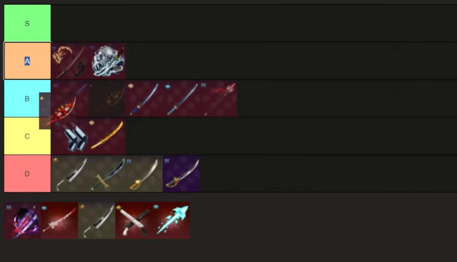 The full weapon board, with each sword icon slotted into its S through D row.