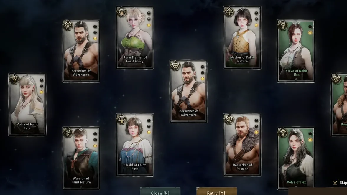 A combine result card shown with Close, Retry, and Skip options on screen