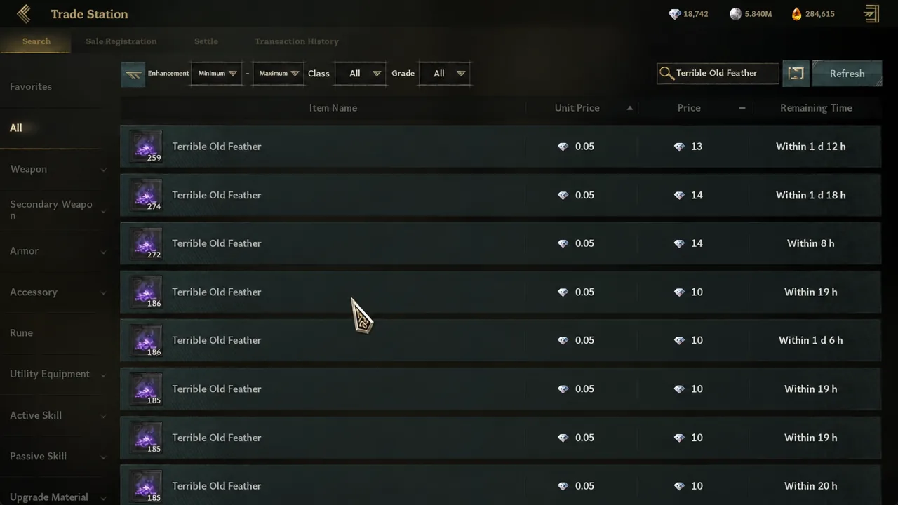Trade Station search screen with a feather item typed into the search field and matching player listings below