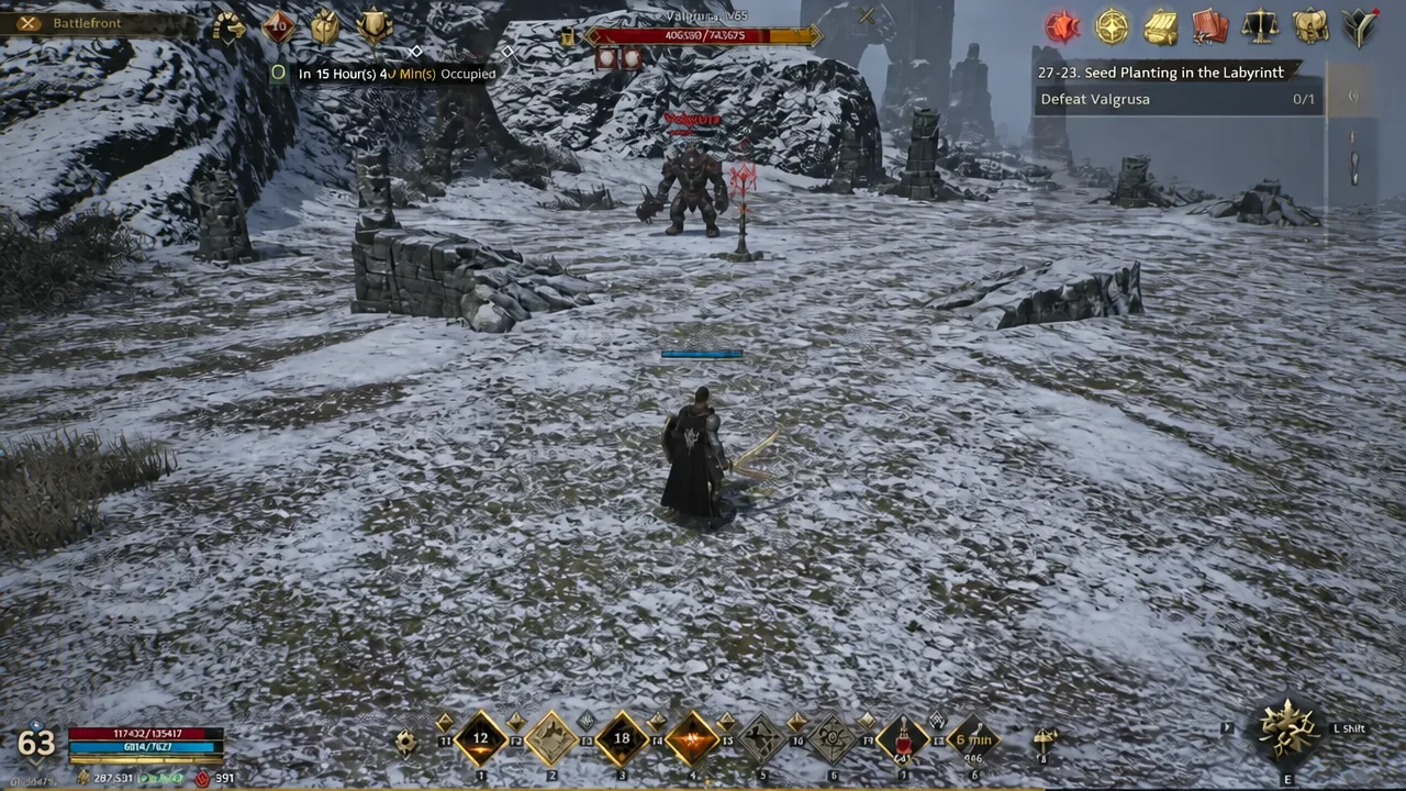 Field combat in Legend of YMIR, with the active quest tracked on the Battlefront screen.