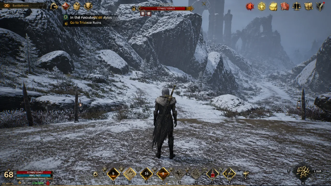 Battlefront quest objective pointing the player toward Tristeza Ruins across a snowy field
