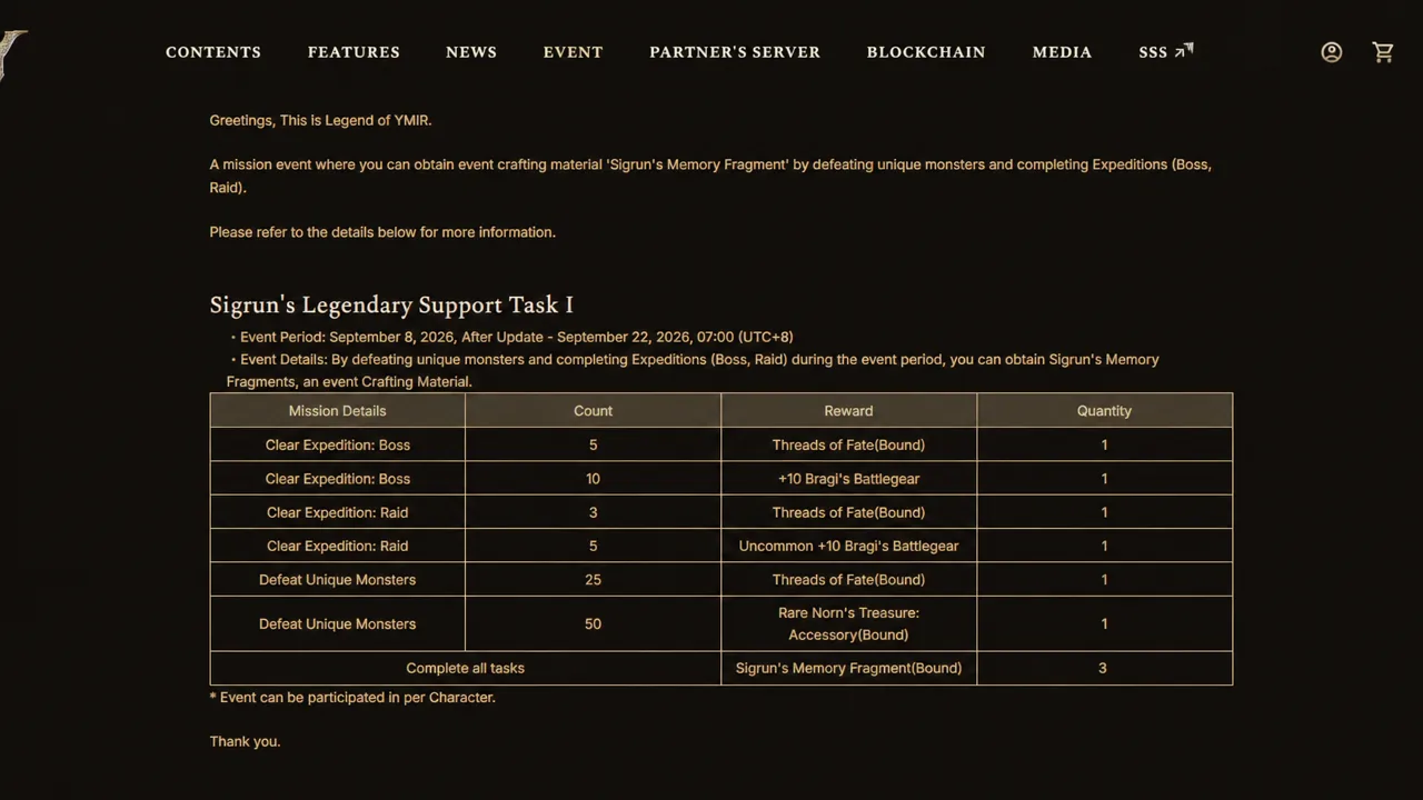 Event page EVENT tab open on Sigrun's Legendary Support Task I with its requirements and rewards