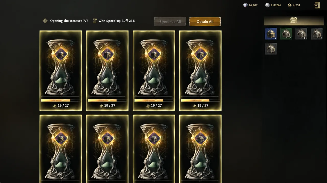 Treasure opening screen with the Obtain All button highlighted while multiple chests are claimed