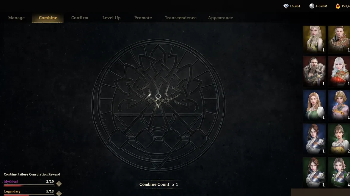 Combine tab open with empty combine slots above the roster of companions available to merge
