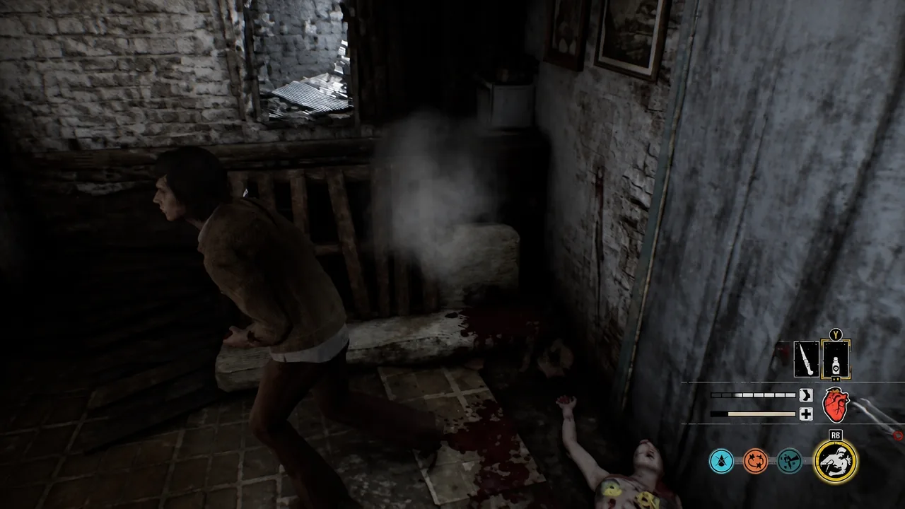 Victim moving past a body in the basement with the shoulder-button ability prompt lit in the HUD corner