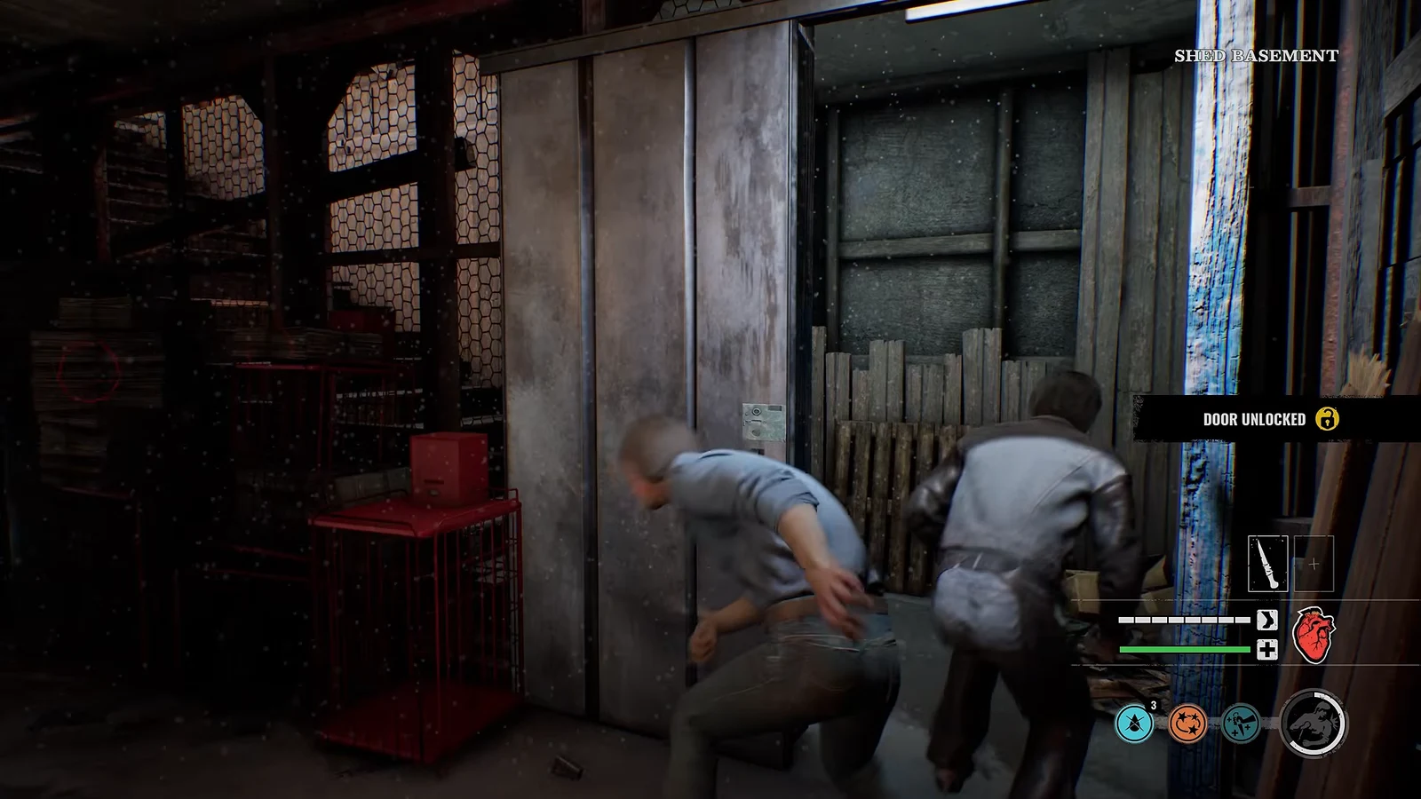 The DOOR UNLOCKED confirmation appearing on screen in the Shed Basement