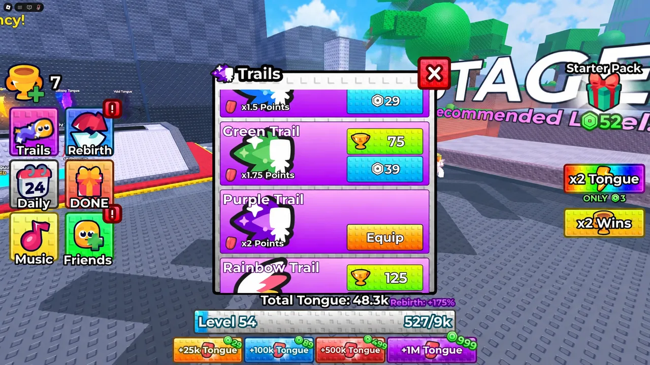 Trails menu open in +1 Tongue Escape with the Purple Trail selected and its Equip button visible