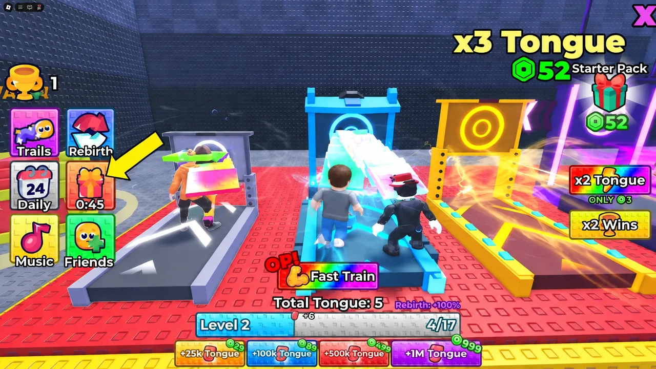 Gift button on the HUD counting down 0:45 until the next playtime reward can be claimed