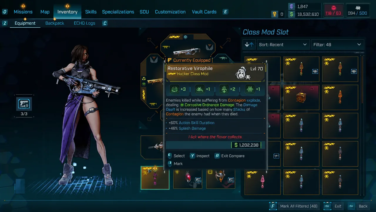Class mod slot showing the Restorative Virophile equipped with its stats open