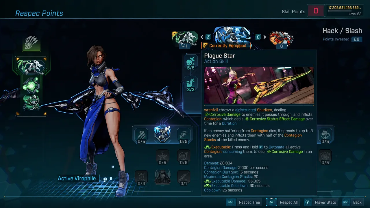 Respec Points screen with Plague Star equipped as the active action skill