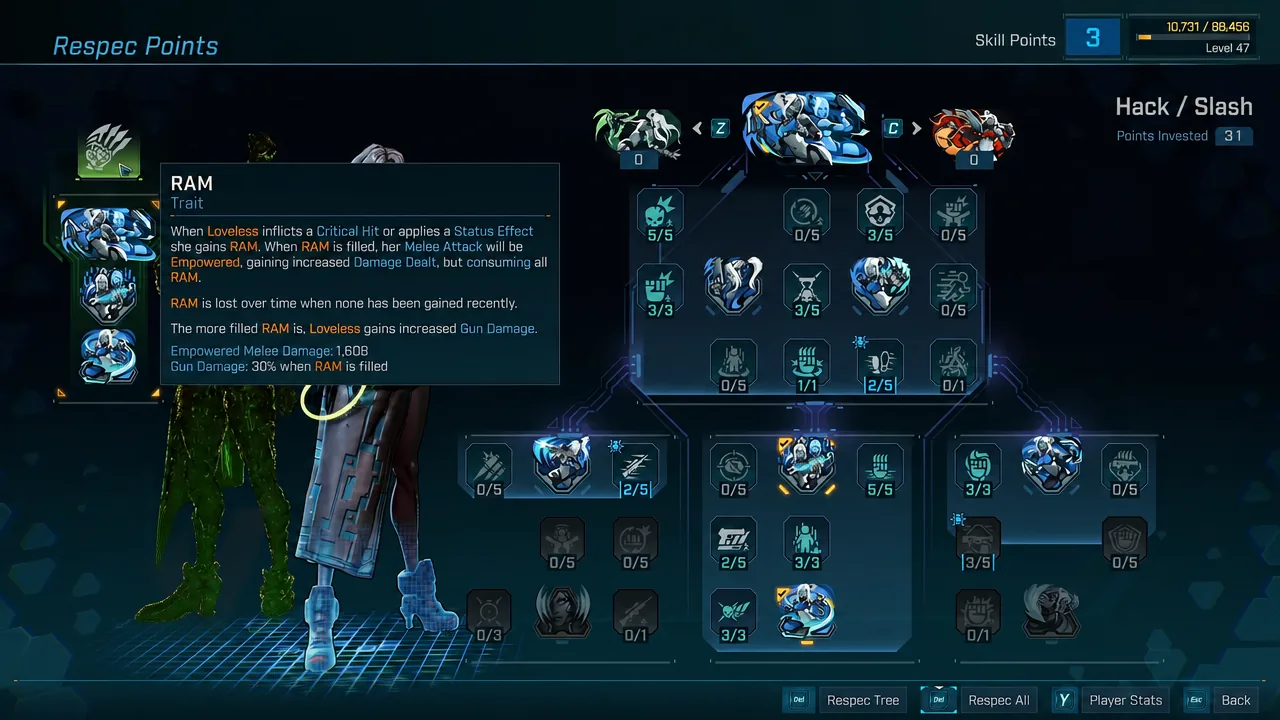 Skills menu with the RAM trait highlighted and its description open