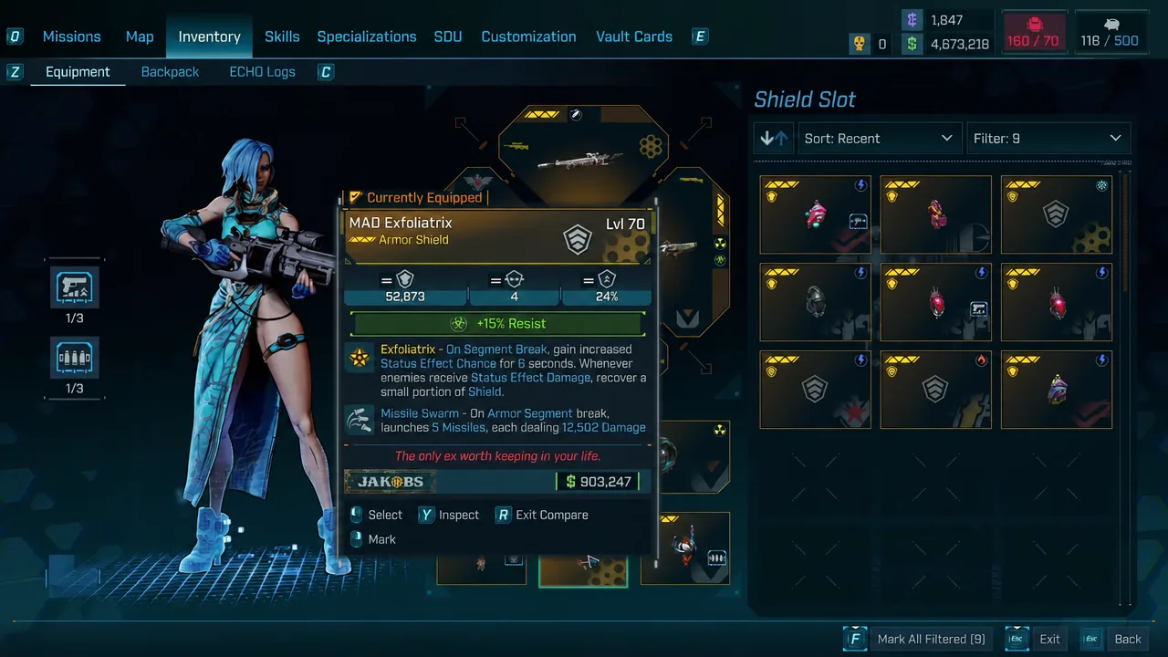 Inventory equipment screen showing the MAD Exfoliatrix equipped in the shield slot