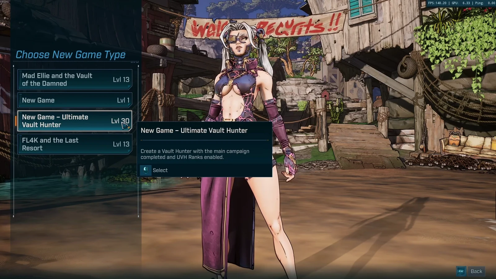 Choose New Game Type menu with New Game - Ultimate Vault Hunter highlighted at level 30