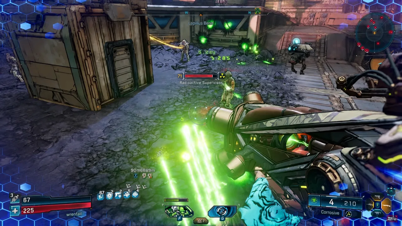 Gameplay shot firing a corrosive weapon at a Radioactive Supervisor with its health bar highlighted