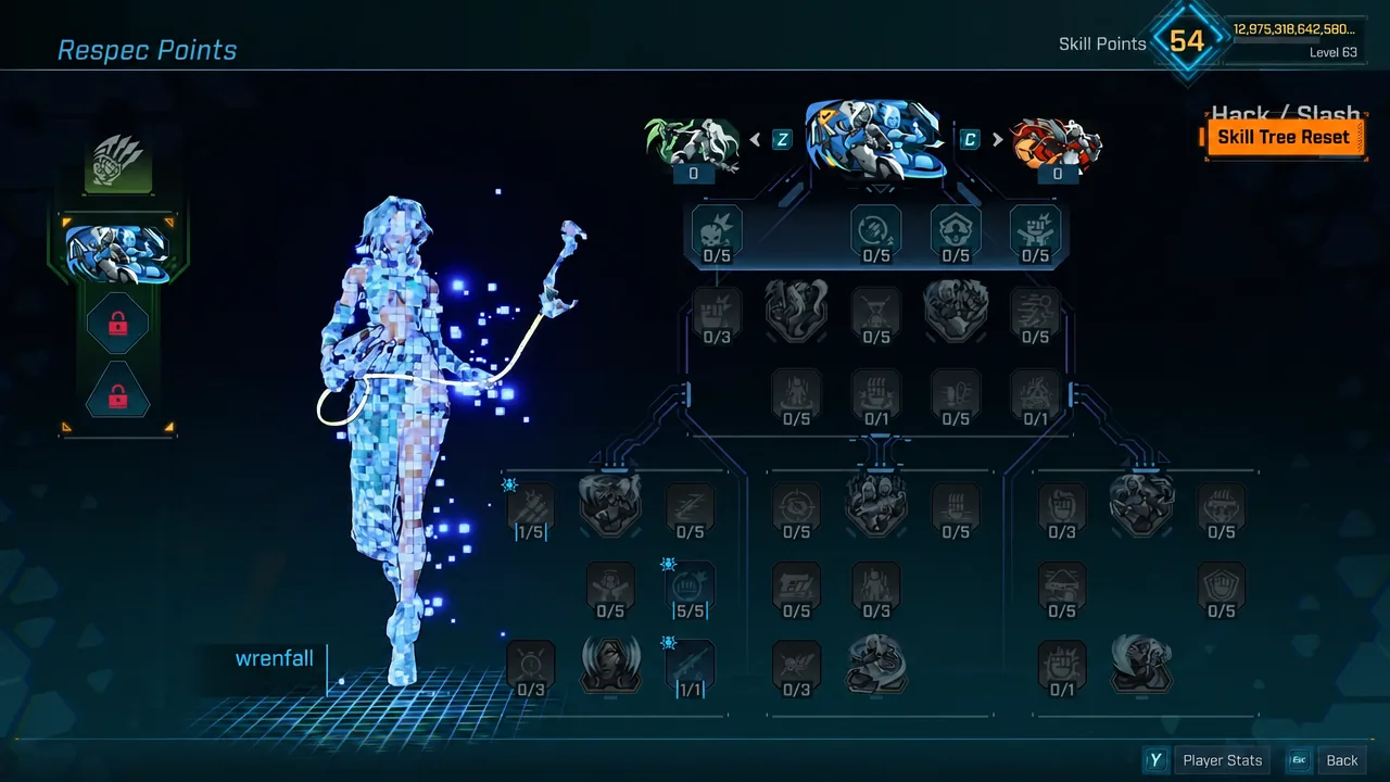 Respec Points screen with the Skill Tree Reset button selected