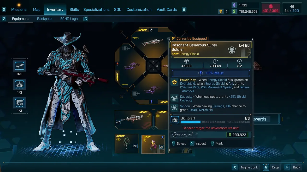 C4SH inventory screen showing the equipped energy shield and enhancement slots