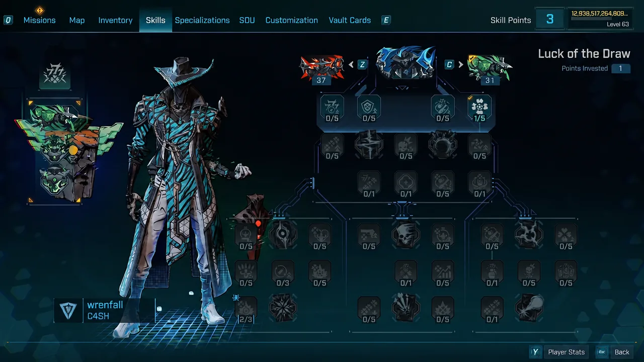 Luck of the Draw skill tree open in the Skills menu with a single 1/5 node highlighted