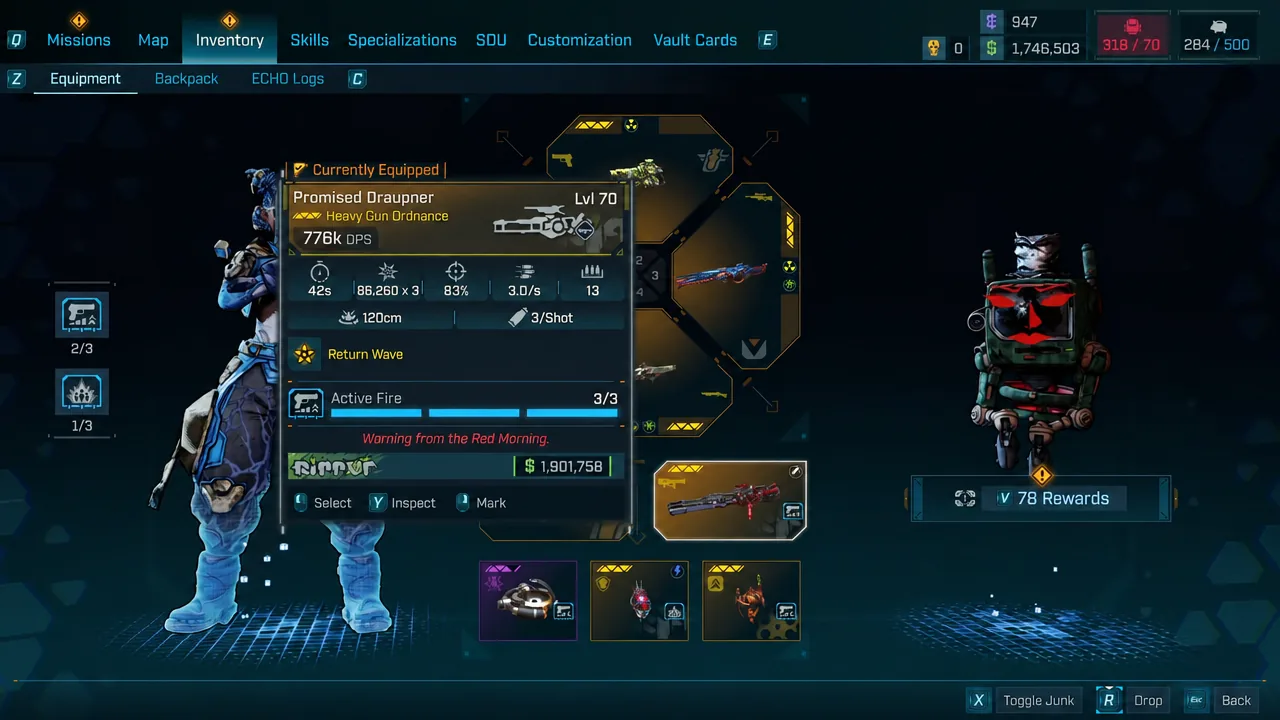 Equipment screen showing the equipped Promised Draupner heavy gun and its DPS stats