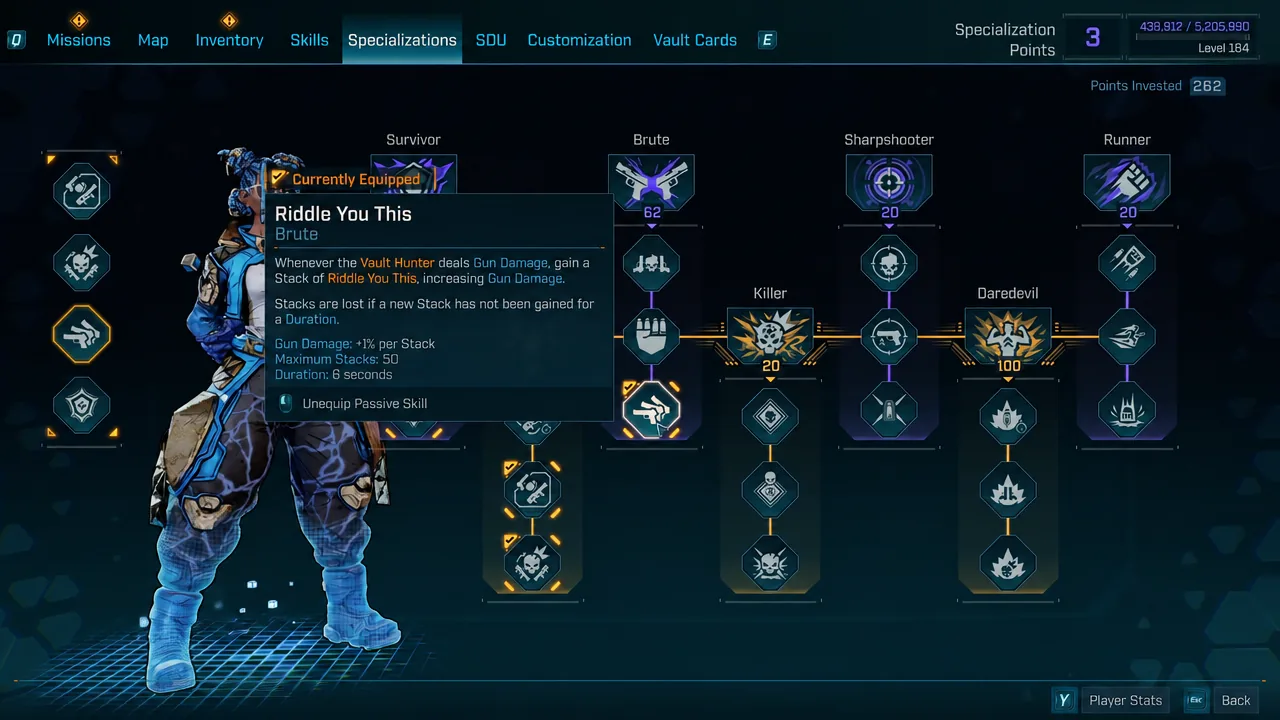 Specializations menu in Borderlands 4 with the Riddle You This node tooltip showing it equipped