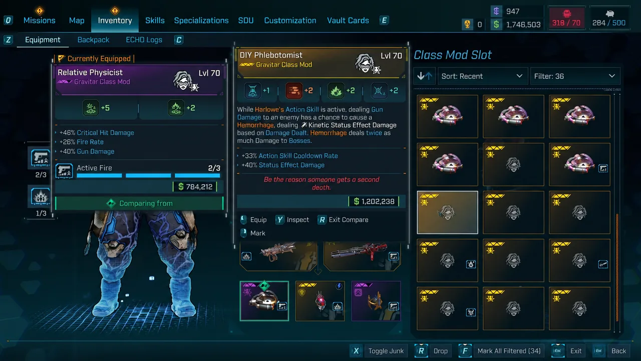 Borderlands 4 inventory screen showing a purple Gravitar class mod and its stat rolls