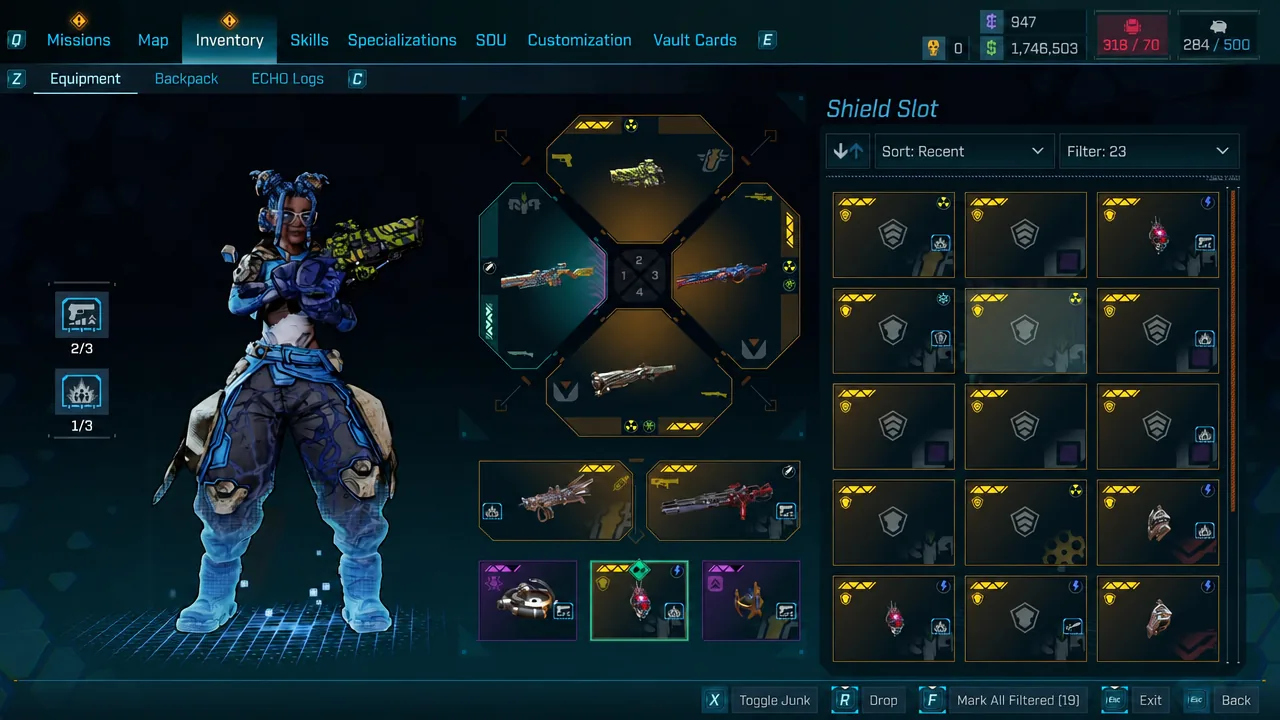 Shield slot item grid open in the Borderlands 4 equipment menu with a shield highlighted