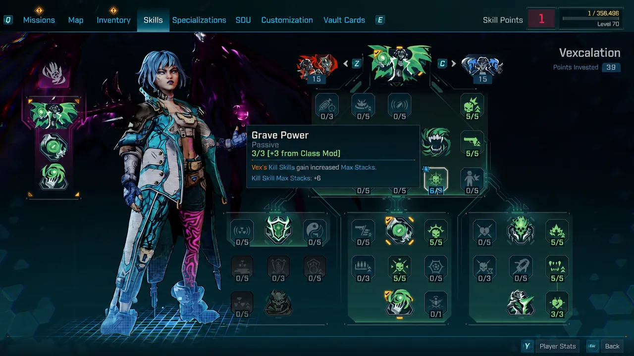 Vex skill tree with the Grave Power passive highlighted and its tooltip open