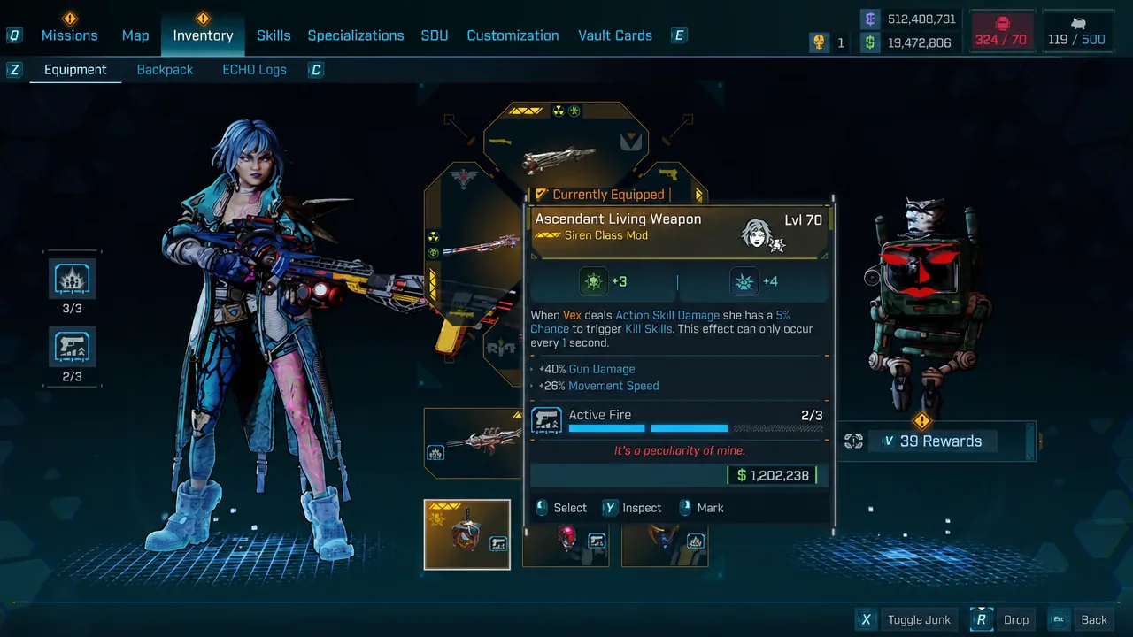 Inventory screen with the Ascendant Living Weapon class mod selected and its stats shown