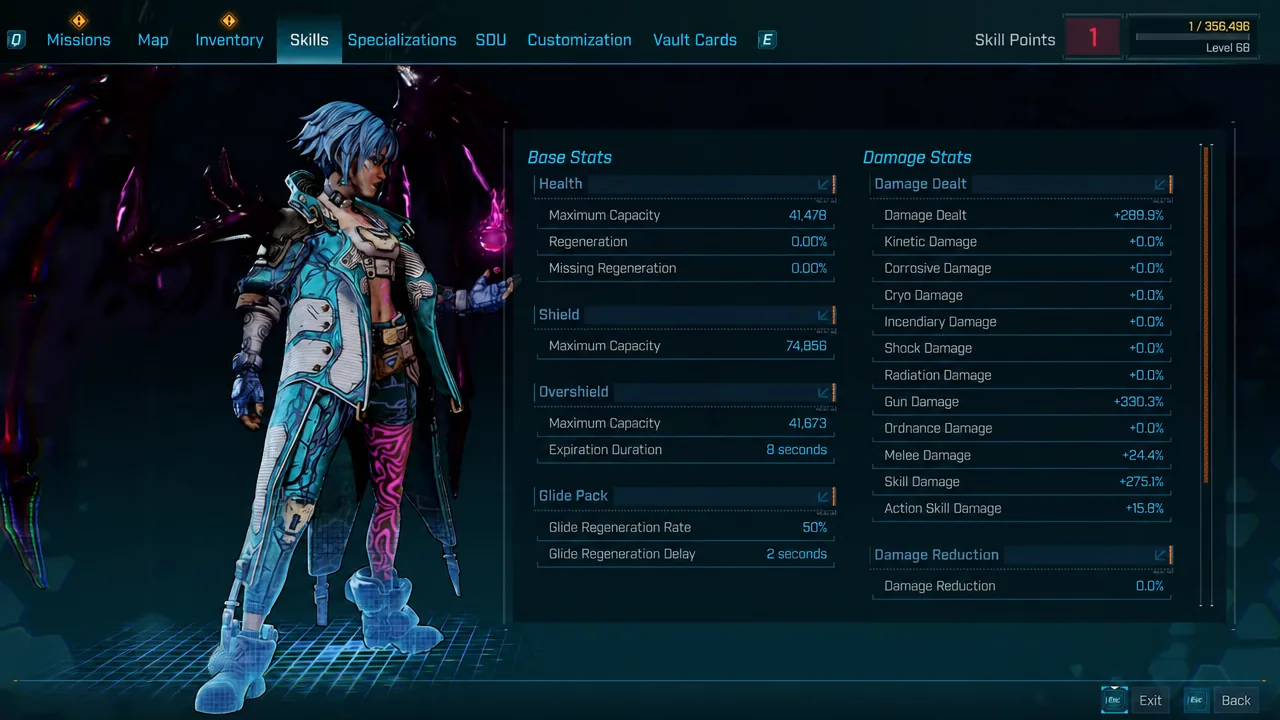 Borderlands 4 Skills tab showing Vex's gun damage and skill damage percentages