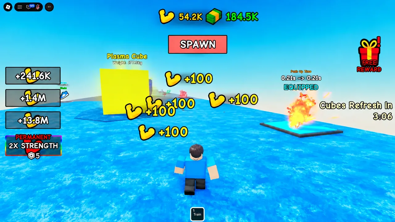SPAWN button used to place a Plasma Cube while plus 100 strength gains tick up on screen