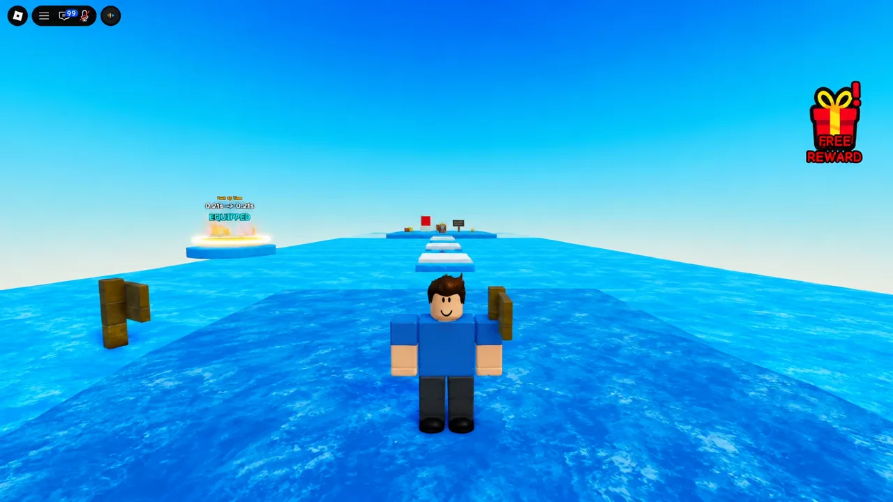 Avatar standing on a water obstacle course, looking toward the next set of platforms on the route to a further zone