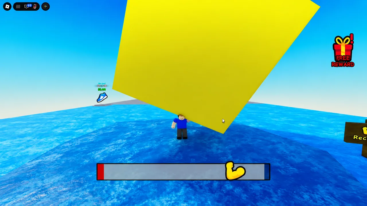 Avatar hoisting a large yellow cube overhead with the strength meter showing at the bottom of the screen