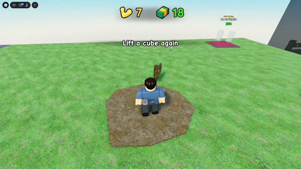 LIFT prompt and E interaction cue displayed over the avatar next to a cube