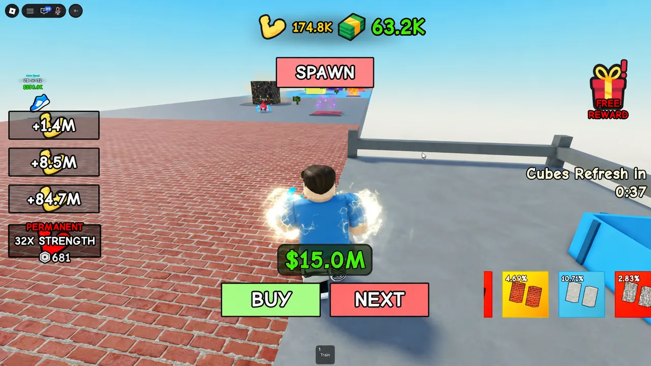 Green BUY button highlighted on an upgrade screen priced at $15.0M