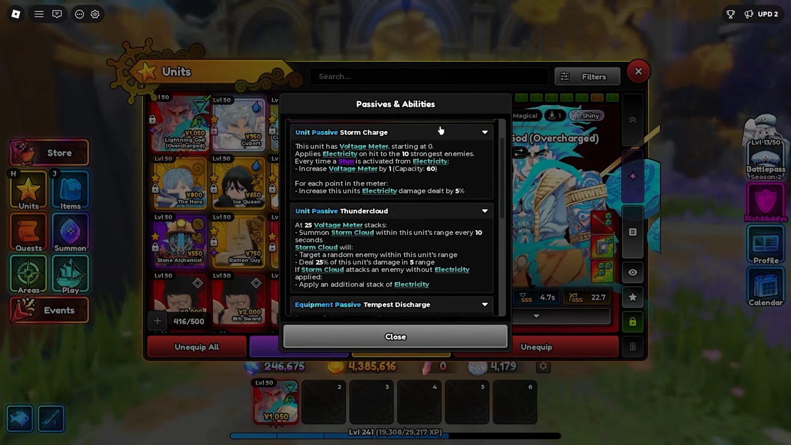Units menu showing the Passives and Abilities panel with Storm Charge, Thundercloud, and Tempest Discharge listed