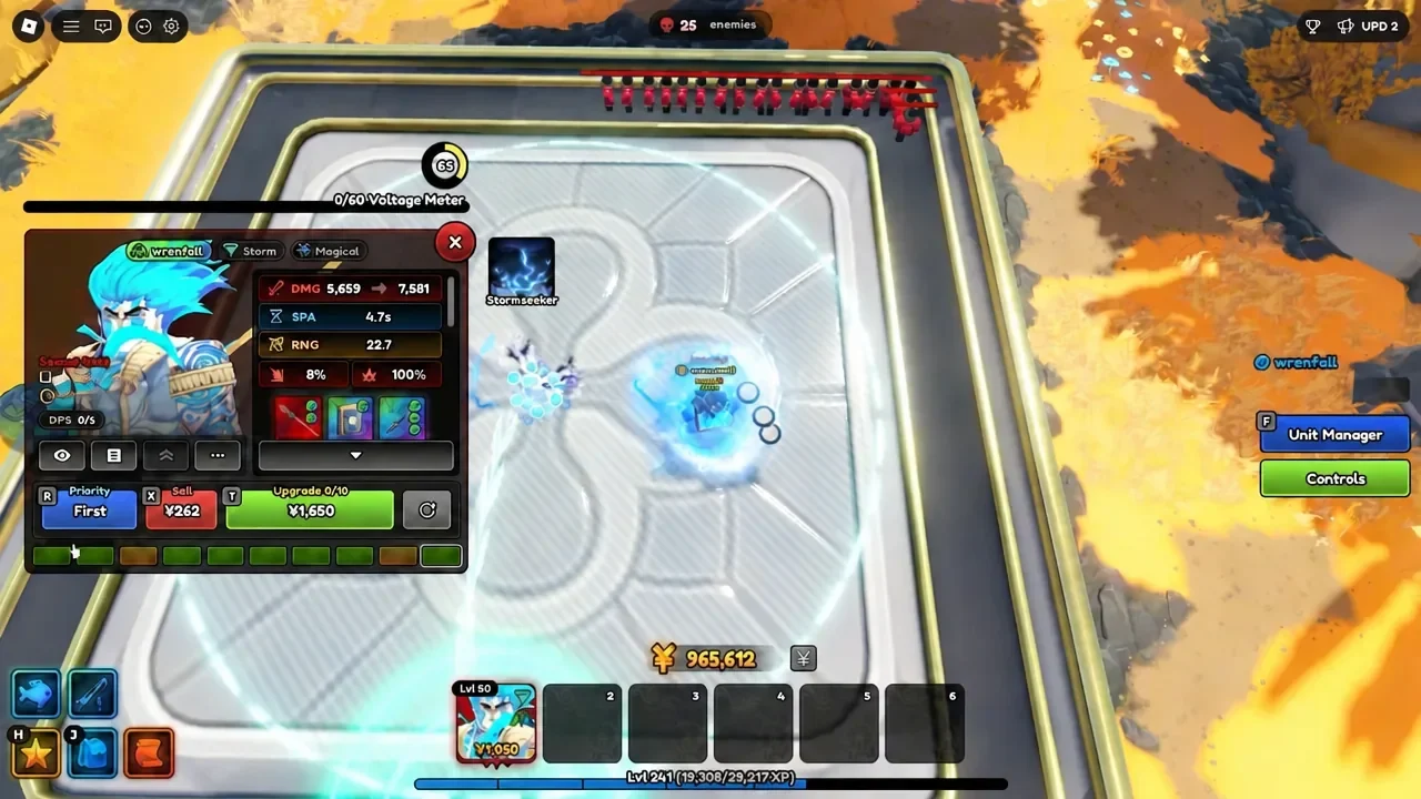 Lightning God placed on a testing lobby lane mid-upgrade, with its lightning attack striking enemies