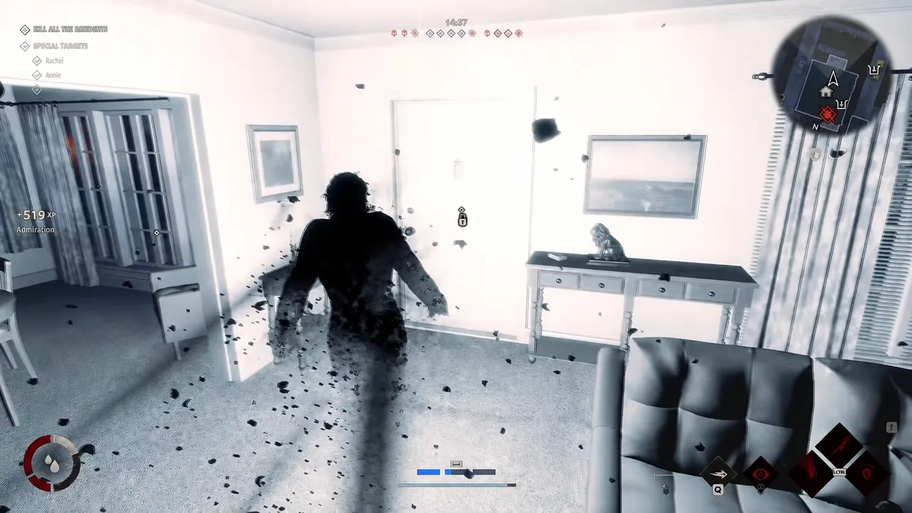 Michael moving through a darkened interior room with a shadow effect while the kill objective is shown