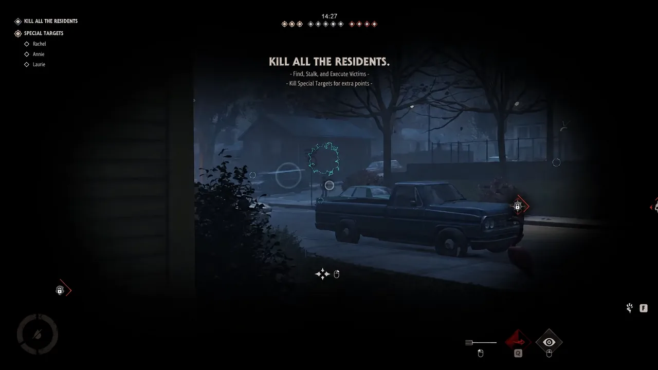 Michael aiming through a window at marked residents on the street with the kill objective on screen