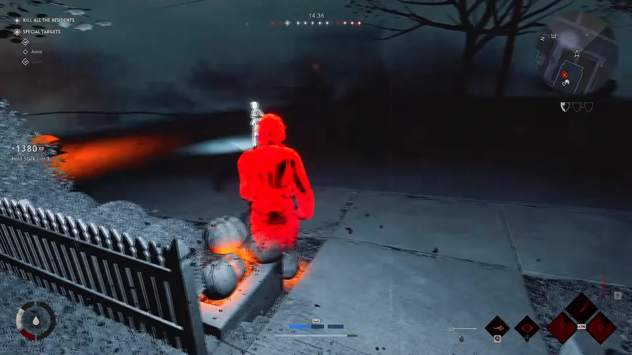 Michael pursuing a fleeing player down a dark Haddonfield street during a chase