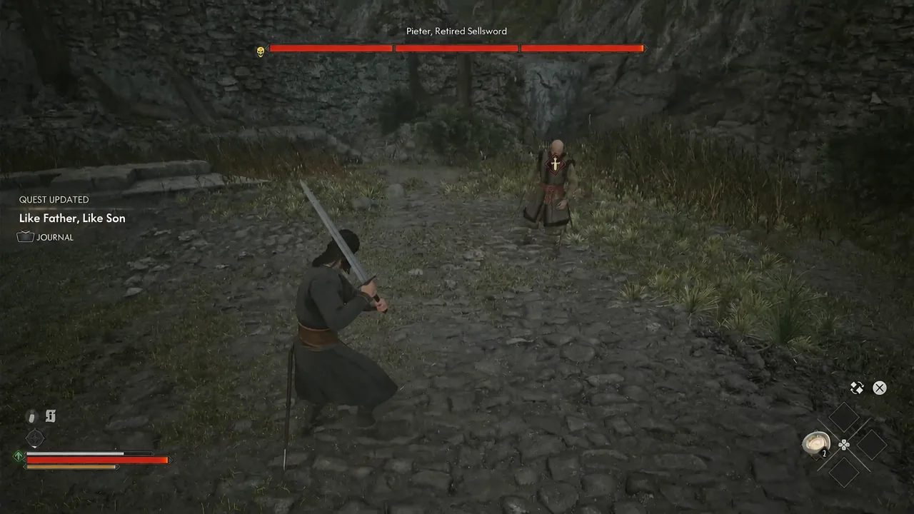 Sword duel against Pieter, Retired Sellsword with a Quest Updated notification on screen