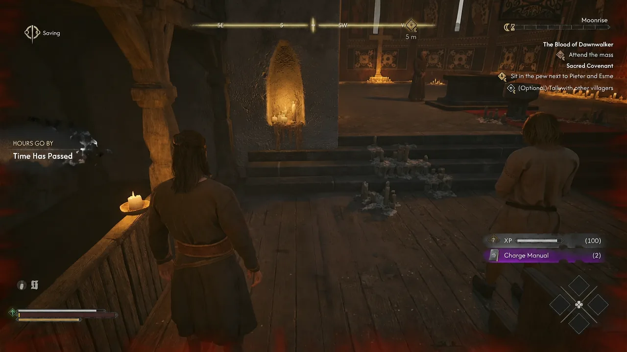 Sacred Covenant quest tracker showing the objective to sit in the pew next to Pieter and Esme inside the chapel