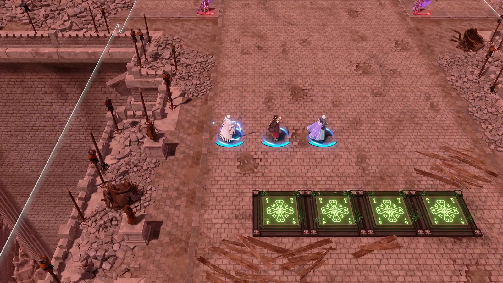 Three allied units lined up in front of four glowing green floor panels as Underworld Soldiers approach
