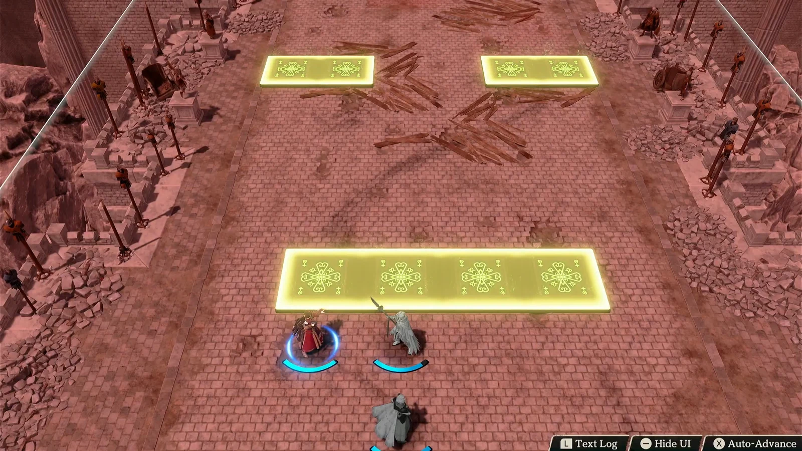 Party standing in a ruined courtyard in front of three glowing rune panels marking healing terrain