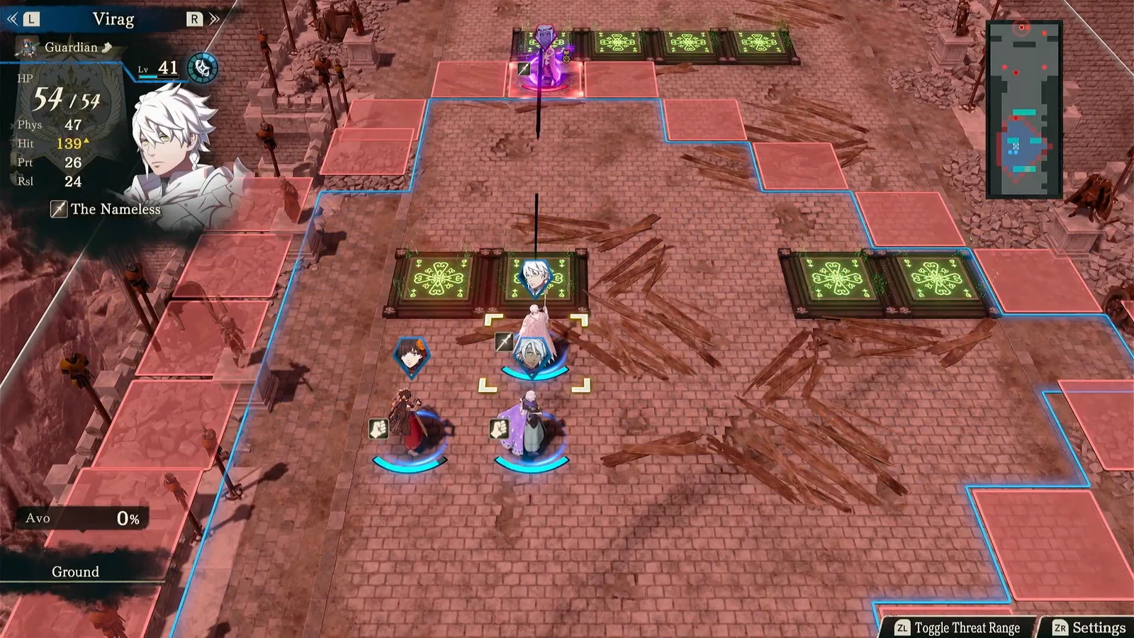 Guardian unit selected on the battle grid with blue movement range and red enemy threat tiles displayed