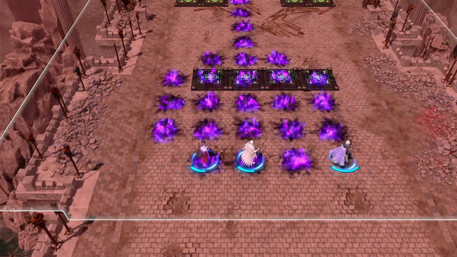 Three party members standing between rows of glowing purple Underworld Inferno tiles on the battle grid