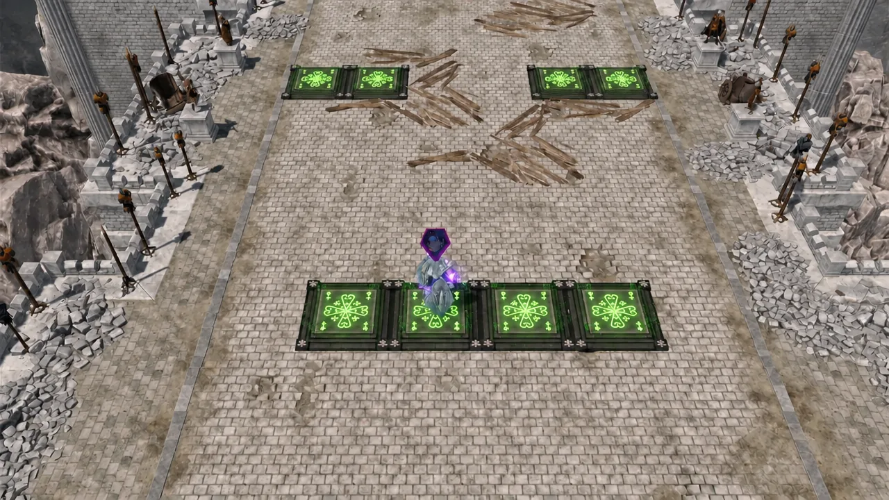 A glowing unit occupying one of four green rune tiles during the Lind battle