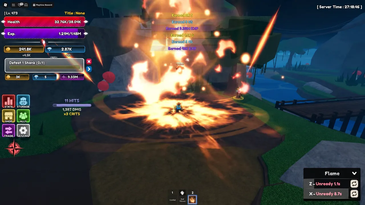 Player casting a Flame area attack with the ability panel and cooldown buttons on screen