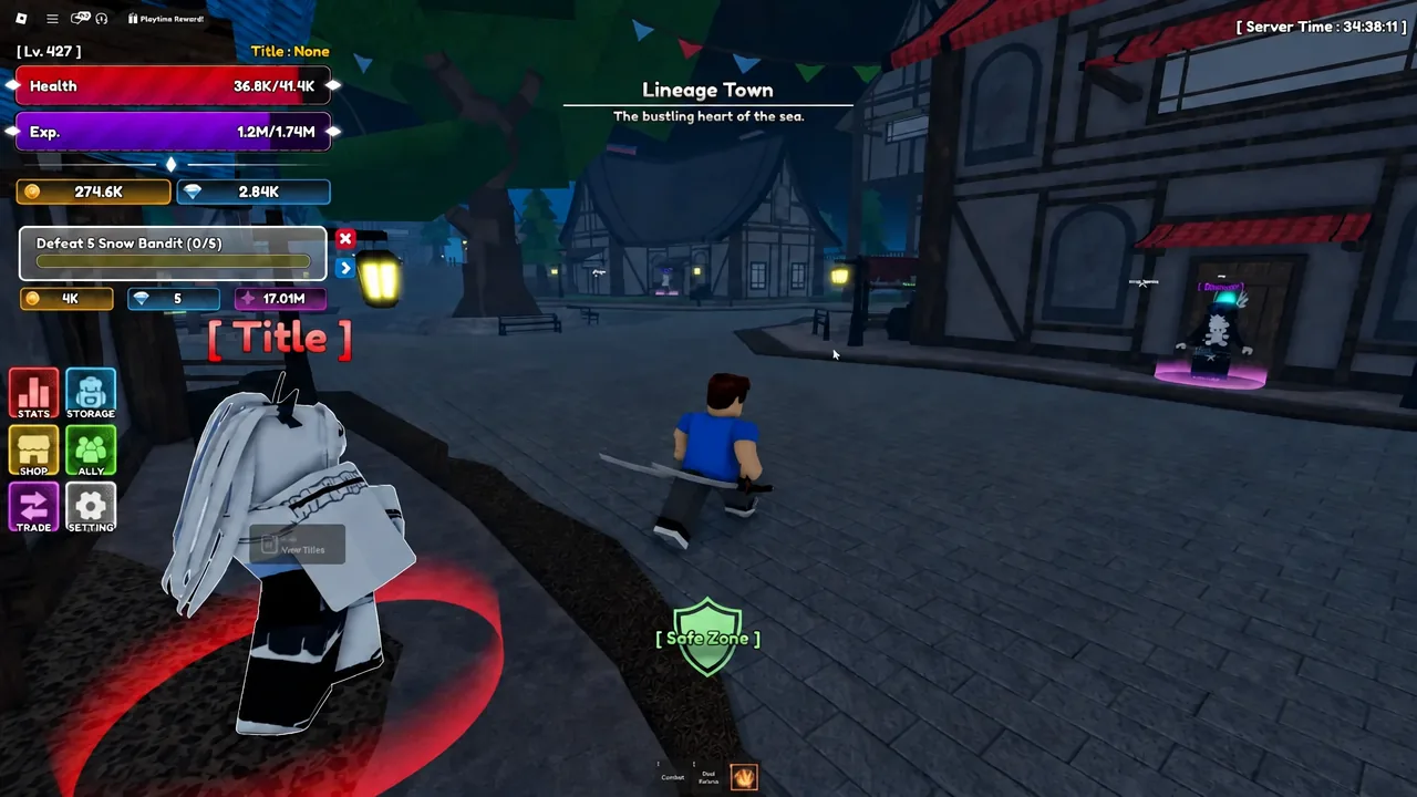 Player standing in the Lineage Town Safe Zone with an active quest displayed