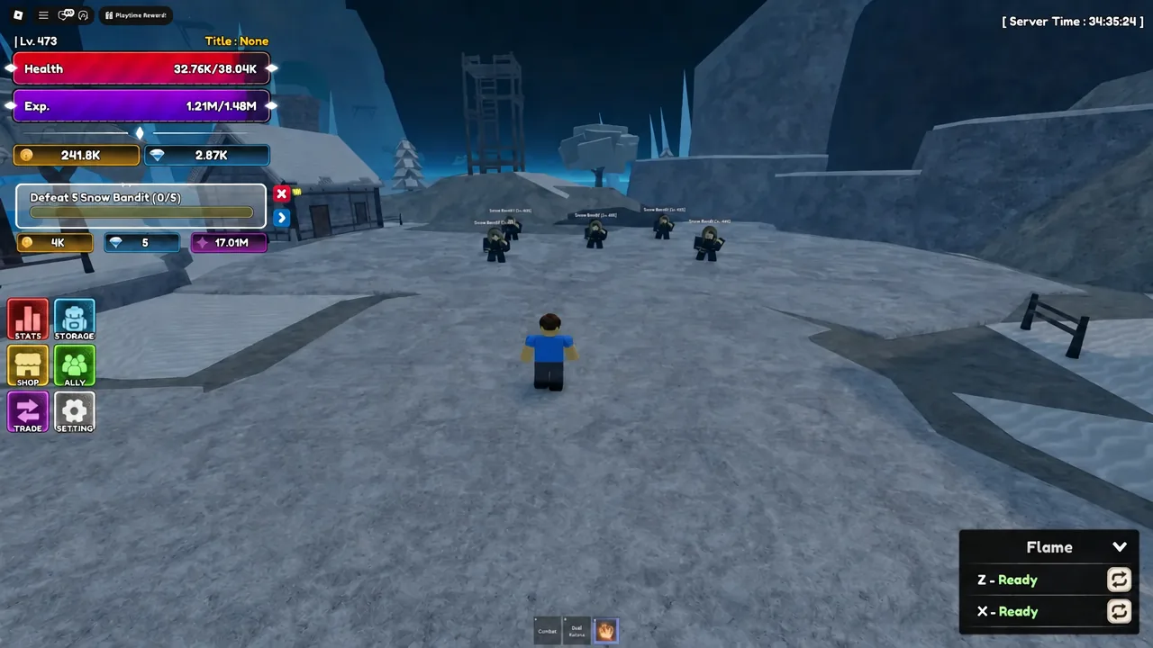 Quest tracker reading Defeat 5 Snow Bandit as the player closes in on the group